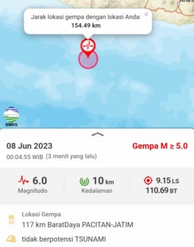 Magnitude 6.0 Quake Shook Pacitan, No Tsunami Potential