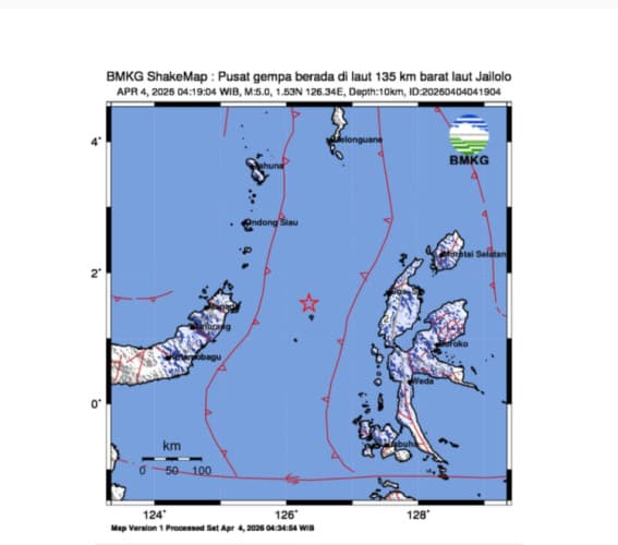 Gempa M5,0 Guncang Barat Laut Jailolo, Dirasakan di Bitung